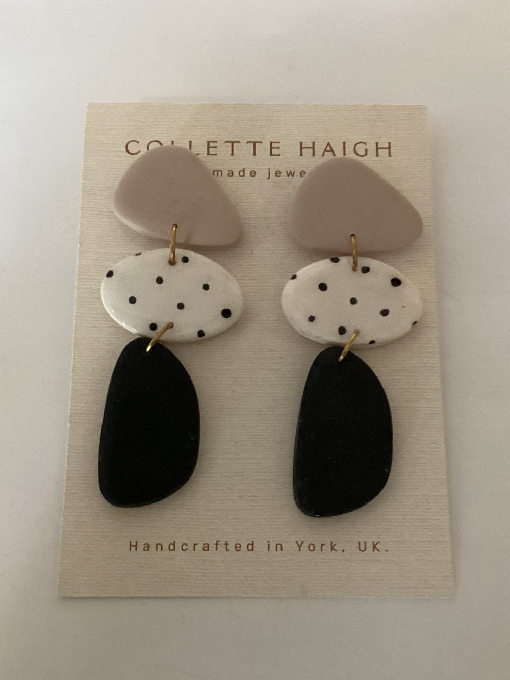 Polka Dot‎ Drop Earrings in Black, White & Taupe